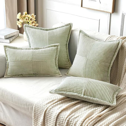 MIULEE Spring Decorative Throw Pillow Covers for Couch Bed Livingroom 16x16 Inch Set of 2 Light Green Boho Accent Throw Pllows Broadside Striped Patchwork Soft Corduroy Summer Pillowcases