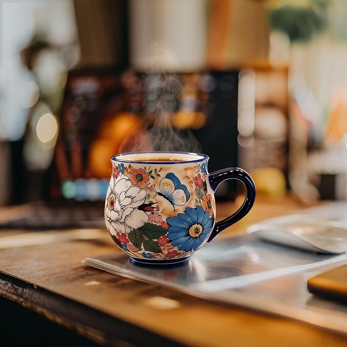 ALMA 12oz Handpainted Ceramic Tea Mugs | Microwave & Dishwasher Safe, Ideal for Morning Coffee Tea, Home Kitchen Dining Room Display, For Home Makers & Women