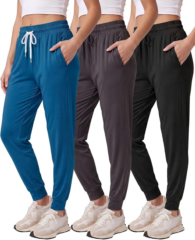 3 Pack Women's Lounge Joggers Sweatpant Active Athletic Yoga Workout Pocket | Available in Plus Size, Ladies Casual, Drawstring Gym Pants, Sleep Bottoms, Hiking, Running, Fitness, Exercise, Pajama, Soft