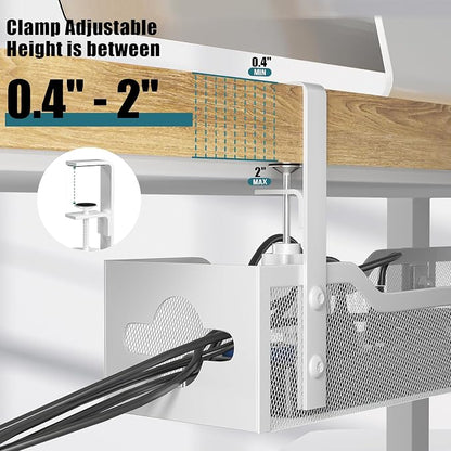 Under Desk Cable Management Tray White, Litwaro Cable Management Under Desk No Drill, 25'' Cable Tray with Clamp for Wire Management, Cord Organizer for Office, Home - No Damage to Table