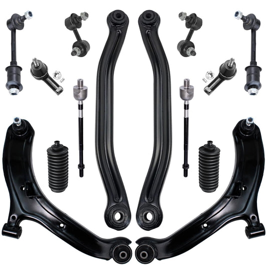 Detroit Axle - 14PC Front and Rear Lower Control Arms w/Sway Bars, Inner Outer Tie Rods and Rack Boots Replacement for 2000 2001