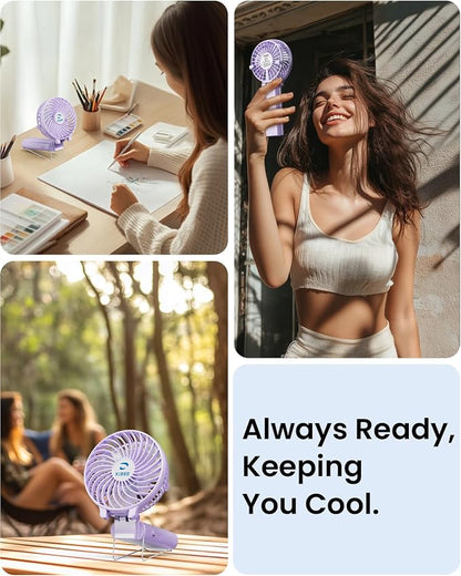 KIBEE Portable Handheld Fan, 5200mAh Rechargeable Mini Fan with Up to 20H Runtime, 180° Foldable Personal Fan, 3 Speeds, Desk Stand, Travel Essentials for Women, Concerts, Makeup, Camping, Purple