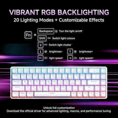 DIERYA DK68 60% Wireless Mechanical Gaming Keyboard, 3-Mode, Bluetooth 5.0/2.4G/USB-C, RGB Backlit, 68-Key Compact Mini for Windows, Mac, Linux - Linear Red Switch - White