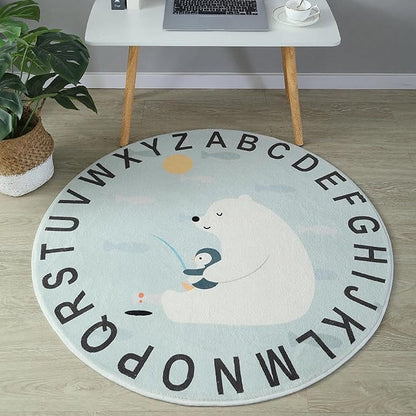 ABC Round Rug for Kids Warm and Soft Alphabet Nursery Animal Area Rugs Fun Rugs for Play Rooms Non-Slip Mats Crawling Mats Decorative Rugs for Bedrooms Living Rooms (Polar bear, 78in)