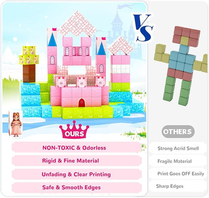 Hiwawind Large Magnetic Blocks 64Pcs (1-Inch), Princess Castle Building Toys, Birthday Gifts for 3 4 5 Year Old Girls, STEM Toddler Travel Toys for Age 3-8