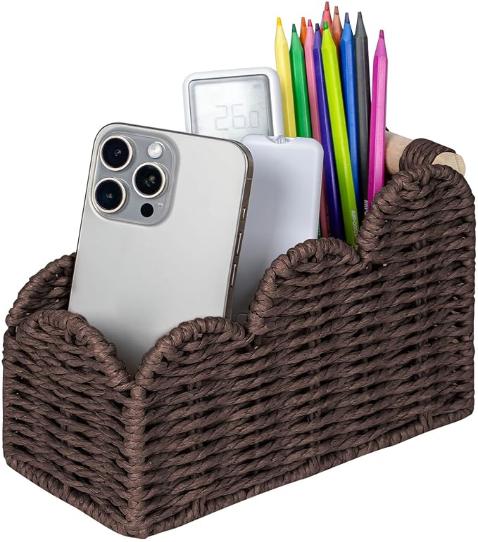 CubesLand Bedside Table Desk Organizer Caddy, Remote Pen&Pencil Holder Cup | Makeup Brush Holder w/Scalloped Perfect for Home, Office Desk, Living Room Table Decor, 3 Slots Brown