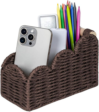 CubesLand Bedside Table Desk Organizer Caddy, Remote Pen&Pencil Holder Cup | Makeup Brush Holder w/Scalloped Perfect for Home, Office Desk, Living Room Table Decor, 3 Slots Brown