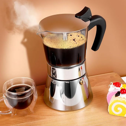 9 Cup 450ml Glass Moka Pot, Stovetop Espresso Maker, Silver | Crystal Glass-top & Stainless Steel Coffee Maker, Induction Compatible, for Greca de Cafe, Cuban and Italian Coffee Brewing