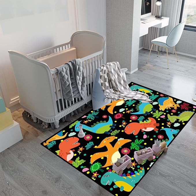 Dino Rugs for Boys Room Kids Play Rug Dinosaur Play Rug Dinosaur Carpet Dinosaur Rug Dinosaur Cartoon Carpet for Boys and Girls Bedroom Classroom,Black 4'5''×6'