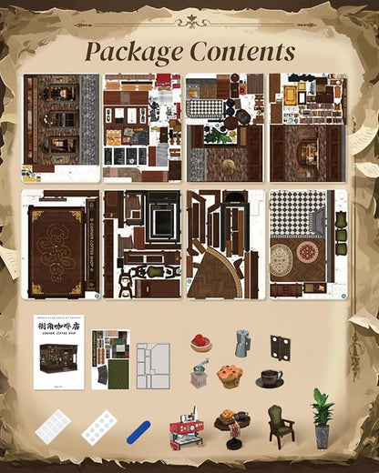 Cutefun Book Nook Kit - DIY Miniature Coffee Shop Booknook Kits for Adults and Teens, 3D Wooden Puzzle Bookend Bookshelf with LED Light, Creative Crafts Gifts for Book Lovers (Corner Coffee Shop)