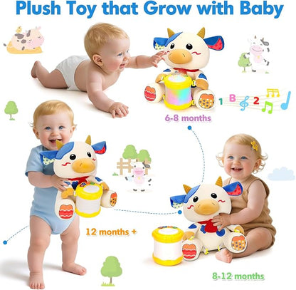 V-Opitos Stuffed Cow Musical Toys for Baby 6-12 Months+, Early Learning Light up Music Drum, Perfect Christmas Birthday Gifts for Boy & Girl Age 1, 2 Years Old