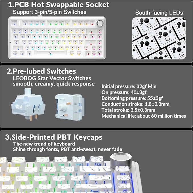 AULA F75 Pro Wireless Mechanical Keyboard with Knob,75% Hot Swappable Custom Gaming Keyboards,RGB Backlit,Pre-lubed Switches,Side Printed PBT Keycaps Creamy Sounding Computer Keyboard, Line White