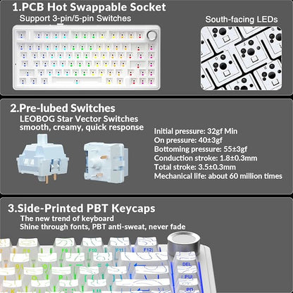 AULA F75 Pro Wireless Mechanical Keyboard with Knob,75% Hot Swappable Custom Gaming Keyboards,RGB Backlit,Pre-lubed Switches,Side Printed PBT Keycaps Creamy Sounding Computer Keyboard, Line White