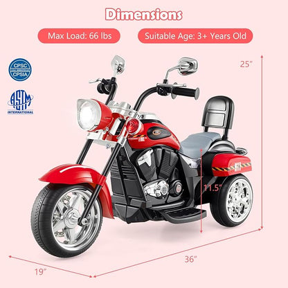 Costzon Kids Motorcycle, 6V Battery Powered Ride on Chopper Motorcycle w/Horn, Headlight, 3-Wheel Stable Ride on Toys, Electric Toddler Motorcycle for Kids, Gift for Boys Girls (Fire Red)