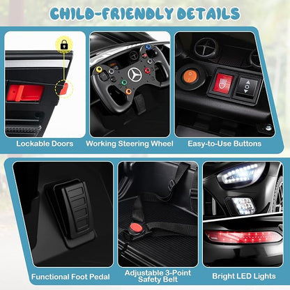 Costzon Ride on Car, 12V Licensed Mercedes-AMG GT3 Kids Car with Remote Control, 3 Speeds, LED Lights, Music, Wireless, Transport Wheels & Soft Start, Electric Vehicle for Toddlers Aged 3+ (Black)