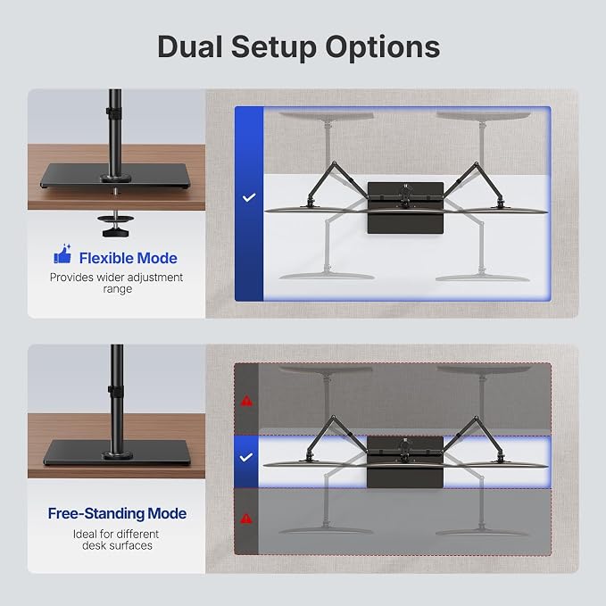 HUANUO Free Standing Triple Monitor Mount for 13-27 Inch Screens | Larger Tempered-Glass Base, Heavy Duty Thicker Steel, Tilt, Swivel, Rotation, Holds up to 22 lbs, VESA 75x75/ 100x100mm