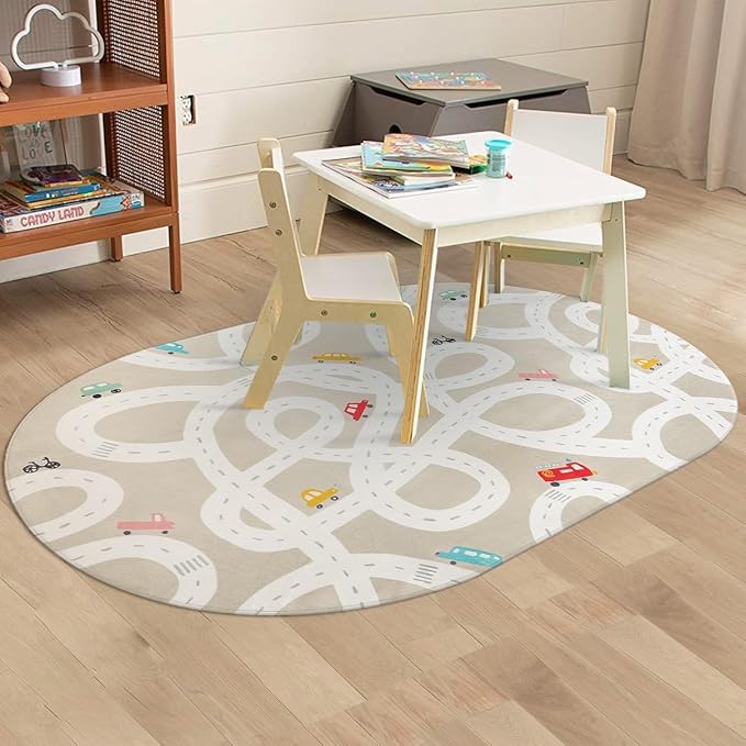 LIVEBOX 4'x6' Toy Car Rug for Kids Room, Machine Washable Area Rug, Non-Slip Road Mat for Playroom, Educational Car Playmat for Nursery, Skin-Friendly Carpet for Bedroom, School