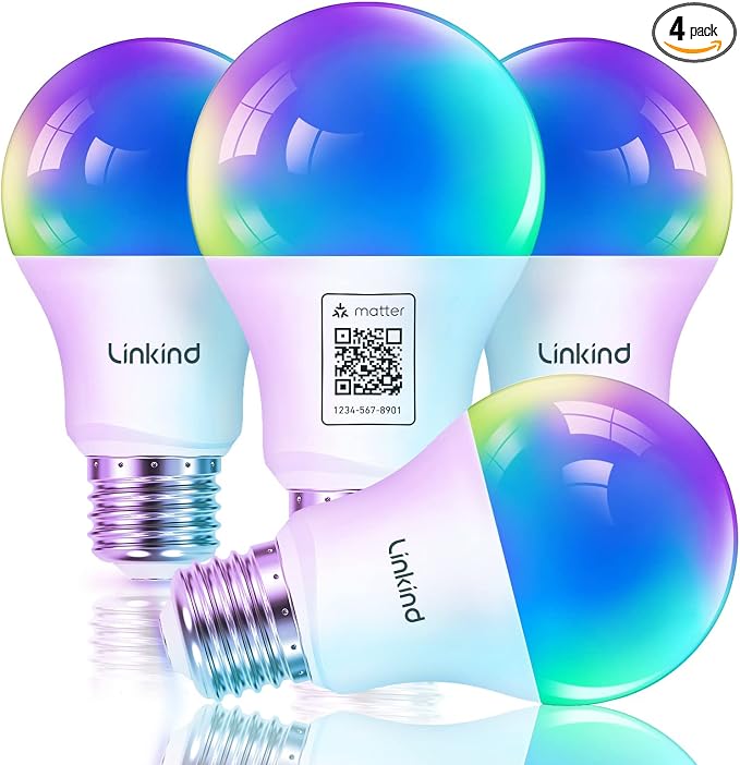 Linkind Matter Smart Light Bulb, Smart Bulbs Work with Apple Home, Siri, Alexa, Google, SmartThings, AiDot, LED RGBTW Color Changing Bulbs Music Sync, Dotis Ai, A19 E26 60W 800LM 2.4G WiFi, 4 Pack