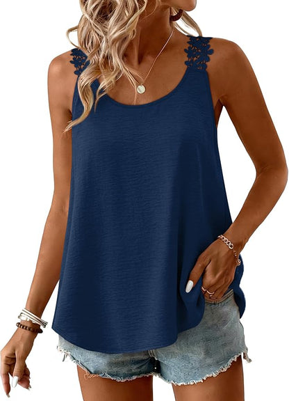 OFEEFAN Tank Top for Women Loose Fit Crew Neck Sleeveless Shirts Strap Lace Camisole Chiffon Summer Tops Curved Hem