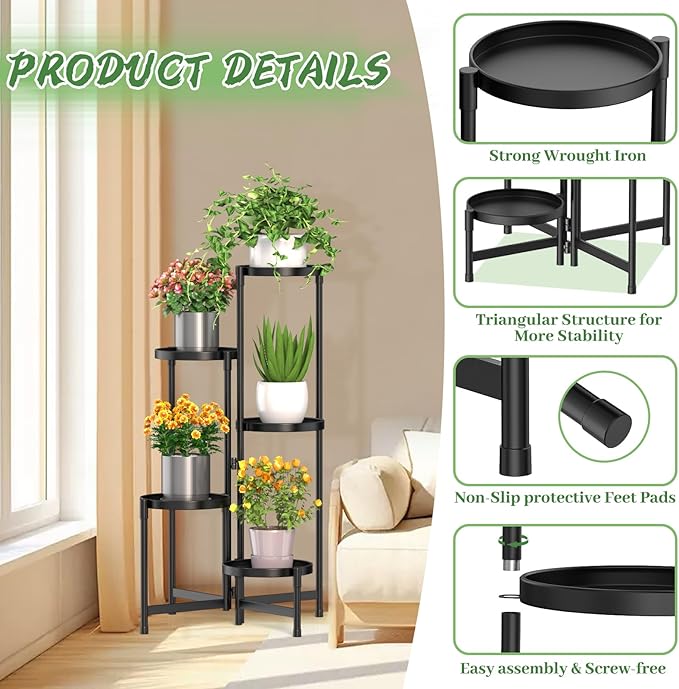 MOKANI Metal Plant Stand Indoor Outdoor for Multiple Plants, 5 Tiered Folding Corner Shelf Tall Flower Pot Holder Display Rack for Patio Living Room Balcony Garden, Black