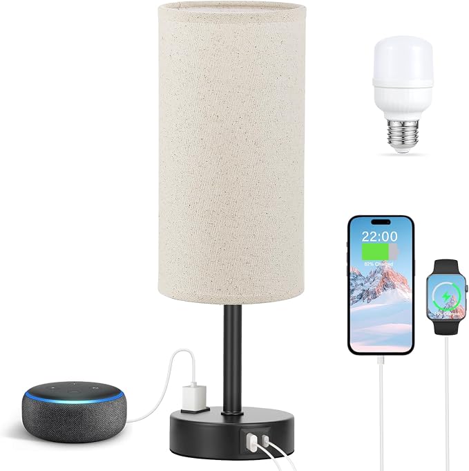 Fenmzee Beige Touch Table Lamp for Bedroom - 3 Way Dimmable Bedside Lamp USB C Charging Ports and AC Outlet, Small Lamp with Fabric Shade Black Base for Living Room, Office Desk, LED Bulb Included