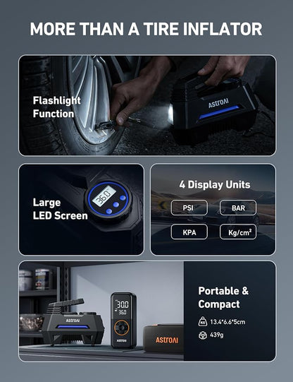 AstroAI AIRUN H Tire Inflator Portable Air Compressor,Fast Inflation Electric Air Pump for Car Tires-Car Accessories,9.8Ft Cord-12VDC-Powered Auto Shut-Off with Digital Pressure Gauge,LED Light,Blue