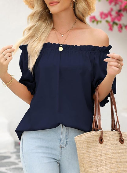 EVALESS Womens Tops Off The Shoulder Blouses for Women Dressy Casual Cute Puff Sleeve T Shirts Fashion 2026