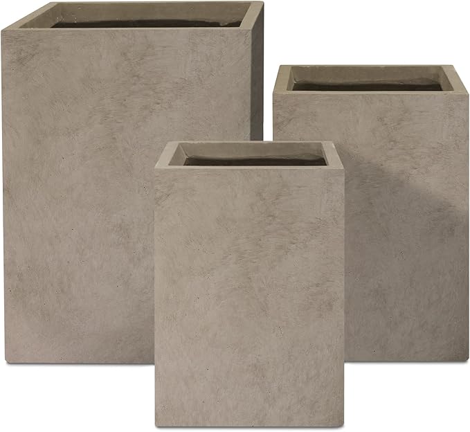 Kante 18.5",15.7",12.6" H Tall Rectangular Concrete Planters Set of 3, Outdoor Indoor Lightweight Plant Pots with Drainage Hole and Rubber Plug, Modern Style for Home Garden Patio, Weatheted Concrete