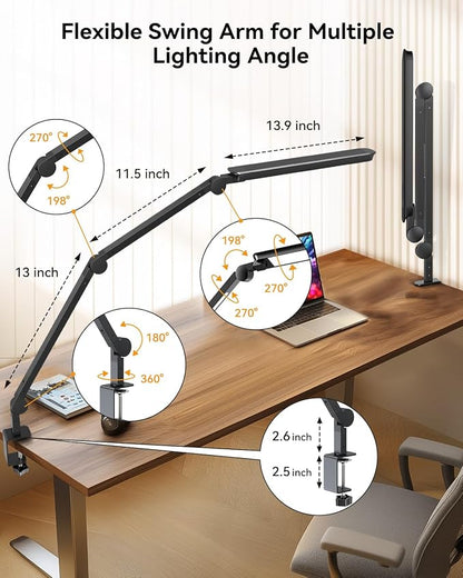 LED Desk Lamp with Clamp, Architect Desk Lamp with Remote, Flexible Swing Arm Desk Light with Dual LED Light, Stepless Dimming, 5 Color Mode & 4 Brightness for Sewing Painting Drafting Crafting