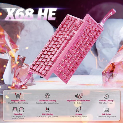 ATTACK SHARK X68HE RT Mechanical Gaming Keyboard 60% Wired TKL-Rose Contour | Adjustable Actuation,Hall Effect Magnetic Switch,8KHz Polling Rate,RGB Backlit,Top Mount,Side Printed Keycap for PC Mac Gamer