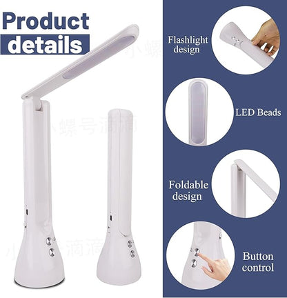 2-in-1 LED Desk Lamp Base with Flashlight for Home Office, Rechargeable, 3 Lighting Modes, Foldable & Portable Light, Cordless Table Bedside lamps, White