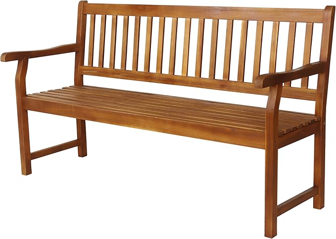 JONATHAN Y BNH101A Laurel 59.1" 3-Seat Slat-Back 600-Lbs Support Acacia Wood Outdoor Garden Patio Bench for Garden, Lawn, Backyard, Pool, Deck, Beach, Firepit, Teak