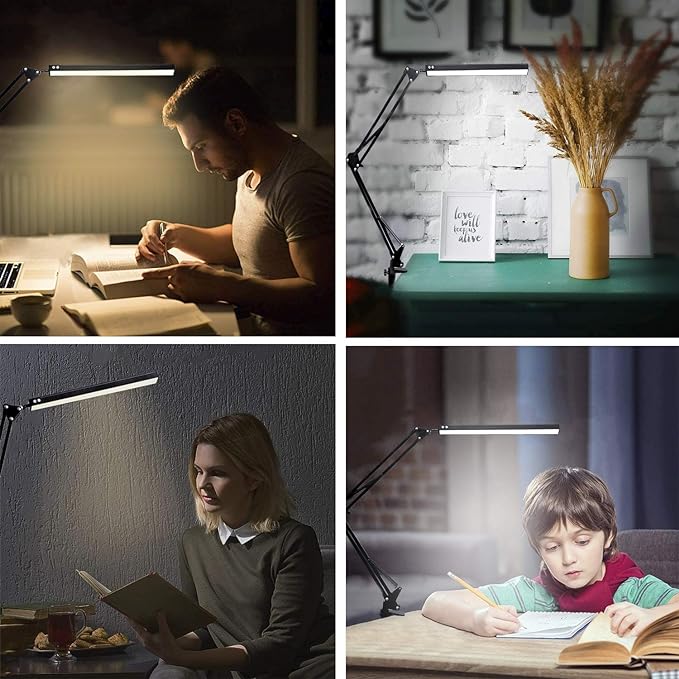 LED Desk Lamp, Adjustable Swing Arm Lamp with Clamp, Eye-Caring Reading Light, 10 Brightness Levels, 3 Lighting Modes, Memory Function Lamps for Home Office Adapter (Black)