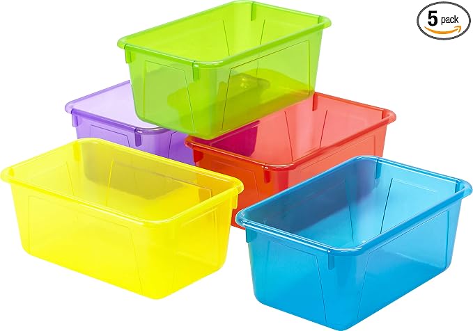 Storex Small Cubby Bins – Plastic Storage Containers for Classroom, 12.2 x 7.8 x 5.1 inches, Assorted Candy, 5-Pack (62490A05C)