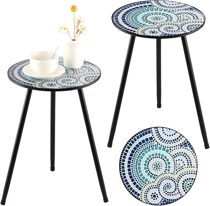 2 Packs Metal Mosaic Round Side Tables 13.4" Small Outdoor Patio Round Accent Coffee Tables Indoor Corner Stand for Small Spaces Weather-Resistant for Balcony, Porch Plant Stands Indoor