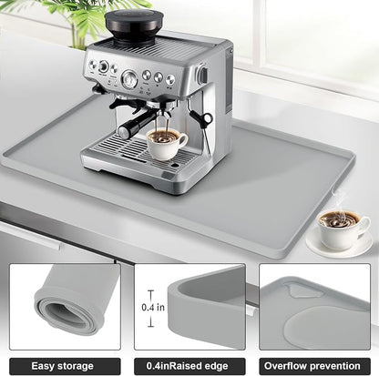 Silicone Coffee Mat 24"x16", Single Piece Anti-Vibration Under Coffee Maker Mat, Non-Slip Espresso Machine Mat with 10mm Raised Edge, Noise Reduction Countertop Protector, Fits Breville Ninja Keurig