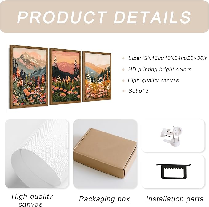 WRFON Botanical and Flower Canvas Wall Art, Framed Mountain Landscape Wall Art Set of 3, Wildflower Meadow Canvas Print, Rustic Nature Decor for Living Room Bedroom Cabin Lodge Farmhouse Decor, 12x16