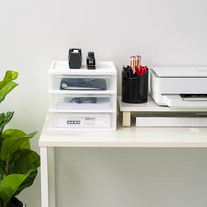 IRIS USA 2-Pack, 3-Drawer Medium Plastic Stacking Desktop Organizer, White | Organize office supplies, stationery, makeup, craft materials and everyday essentials for neat desktop storage