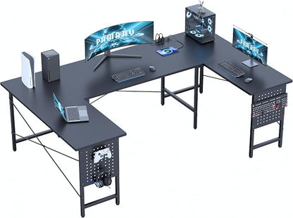 Pamray 71 Inch Large Gaming Desk with Power Outlets U Shaped Computer Desk | Spacious Workspace with USB Charging Ports & Pegboard & Headphone Hooks Suitable for PC Gaming Office Work Study and Writing
