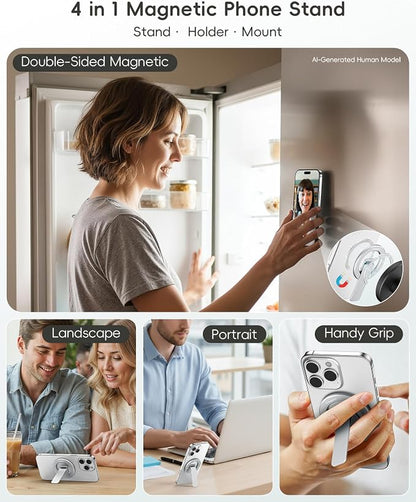 Double-Sided Magnetic Phone Stand Grip, Strong Magnetic Kickstand Desk Holder for Mag&Safe and Smartphone, Foldable Adjustable Design, Silver