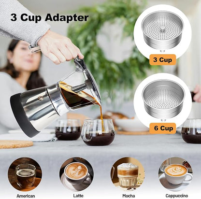 Electric Plastic Clear Moka Pot 3-6 Cup 150-300ml Mocha Pot | Stainless Steel Espresso Maker with Detachable Base Ideal Coffee Maker for Home Italian and Cuban Café Coffeemaker Black