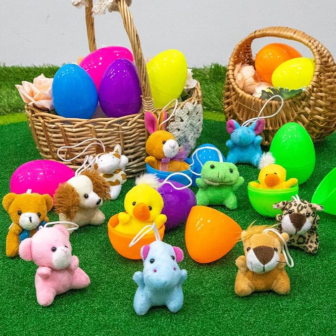 Sofier Plastic Easter Eggs with Animal Toys 12pcs Filled Easter Eggs 3.4" Easter Basket Stuffers Easter Egg Fillers Kids Classroom Gift Exchange Party Favors