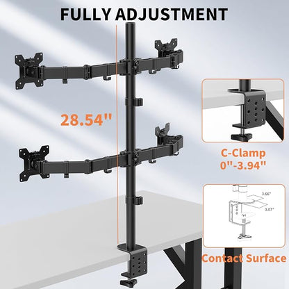Black Quad Monitor Arm Mount for 13-27 Inch Screens | Ultrawide Screens Up to 34 inch Fully Adjustable Stand with C-Clamp/Grommet Base Max VESA 100x100 Each Screen Capacity 22lbs