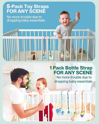 LittleHugs Toy Straps for Baby, Adjustable Toy Holder for Stroller Accessories, Silicone Tether Pacifier Clip, No Throw Baby Travel Essential Leash for High Chair, Car Seat (6-Pack)