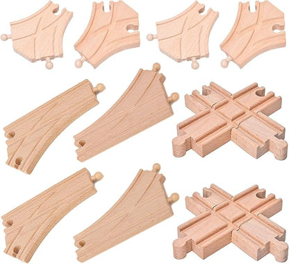 10 Pieces Wooden Train Track Set, Curved Switch Track and Cross Track Compatible with All Major Brands