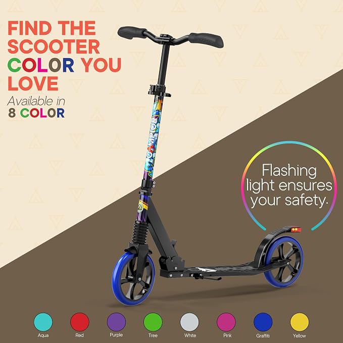 Campior Kick Scooter for Ages 6+, for Kids, Teens, and Adults, Max Load 240 LBS, Foldable, 8-inch Big Wheels for Kids and Adults, with Kickstand, 3 Adjustable Levels, Child Safety Approved, Tree