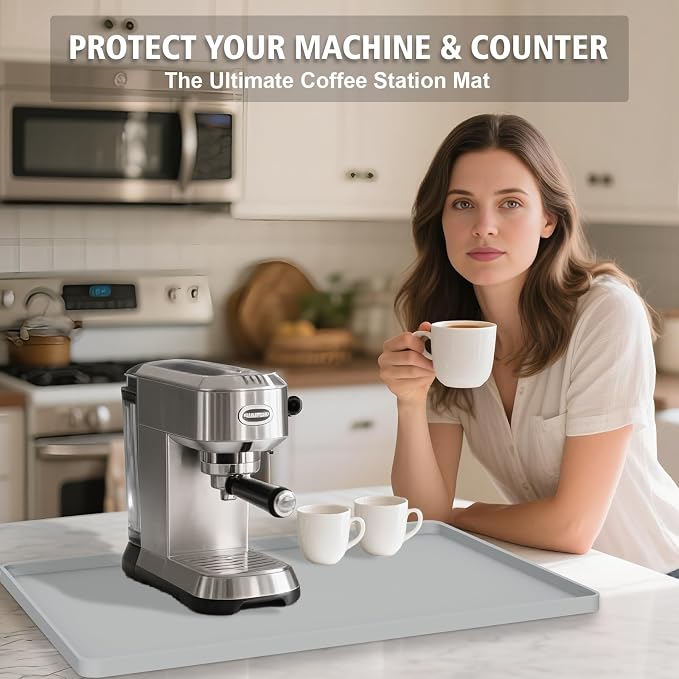 Silicone Coffee Mat 24"x16", Single Piece Anti-Vibration Under Coffee Maker Mat, Non-Slip Espresso Machine Mat with 10mm Raised Edge, Noise Reduction Countertop Protector, Fits Breville Ninja Keurig