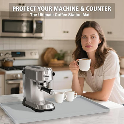 Silicone Coffee Mat 24"x16", Single Piece Anti-Vibration Under Coffee Maker Mat, Non-Slip Espresso Machine Mat with 10mm Raised Edge, Noise Reduction Countertop Protector, Fits Breville Ninja Keurig