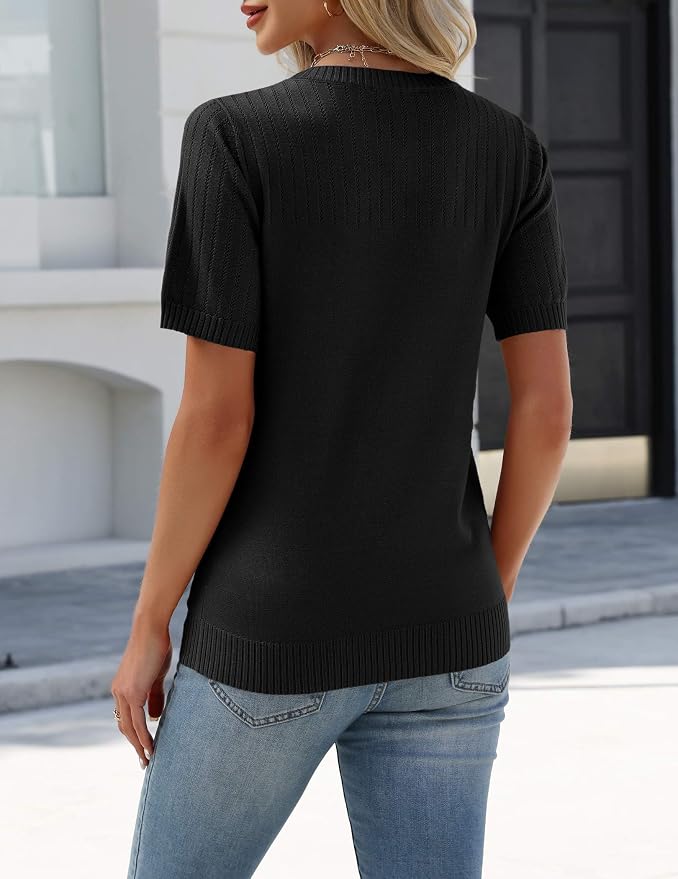 Zeagoo Women's Short Sleeve Sweater Tops 2026 Spring Summer Crew Neck Hollow Out Blouses Dressy Business Casual Outfits