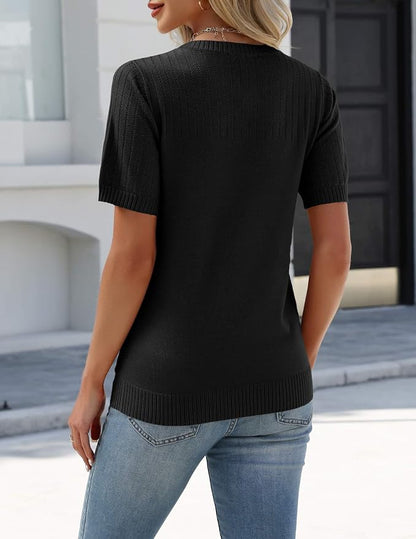 Zeagoo Women's Short Sleeve Sweater Tops 2026 Spring Summer Crew Neck Hollow Out Blouses Dressy Business Casual Outfits